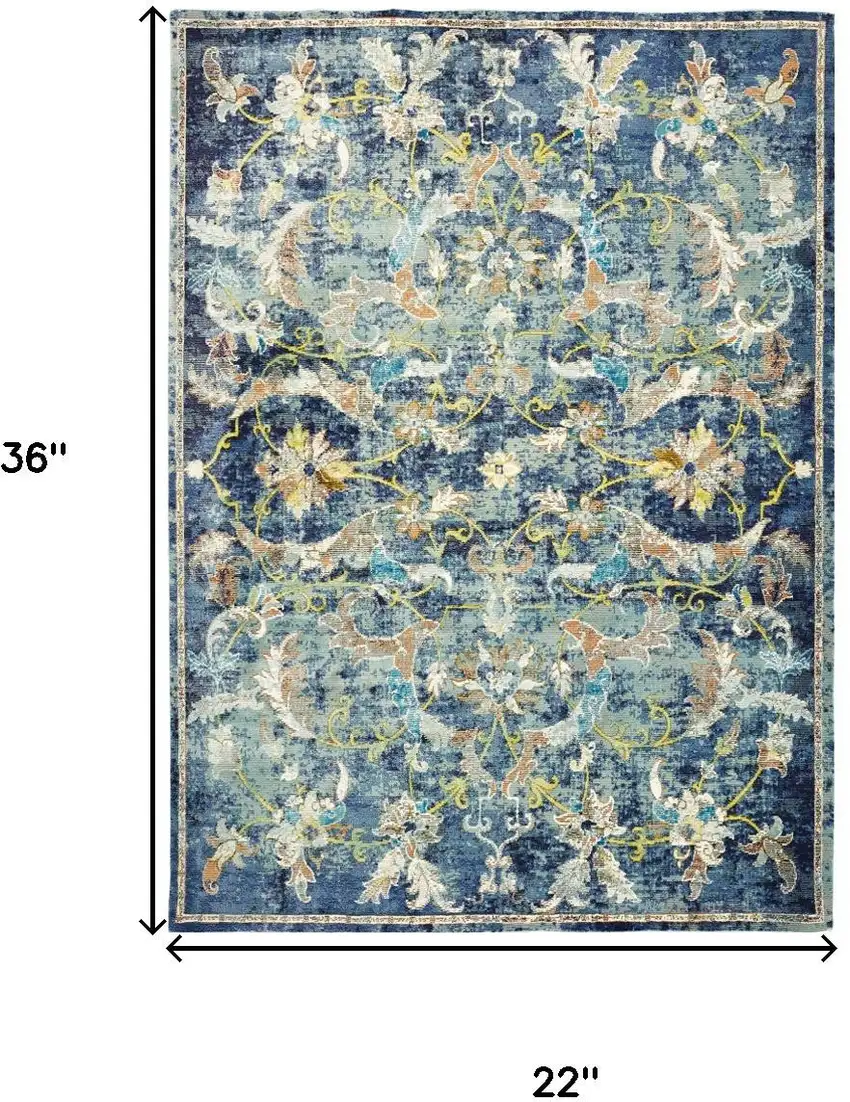 Navy Blue And Beige Floral Distressed Area Rug Photo 3