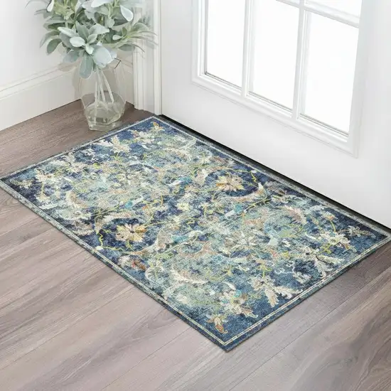 Navy Blue And Beige Floral Distressed Area Rug Photo 1