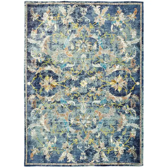 Navy Blue And Beige Floral Distressed Area Rug Photo 2
