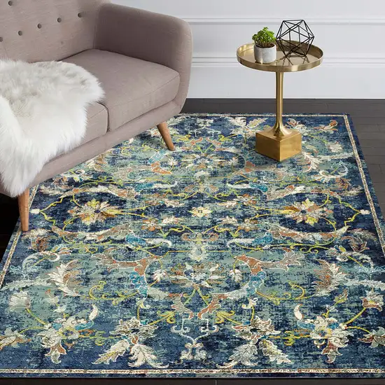 Navy Blue And Beige Floral Distressed Area Rug Photo 4