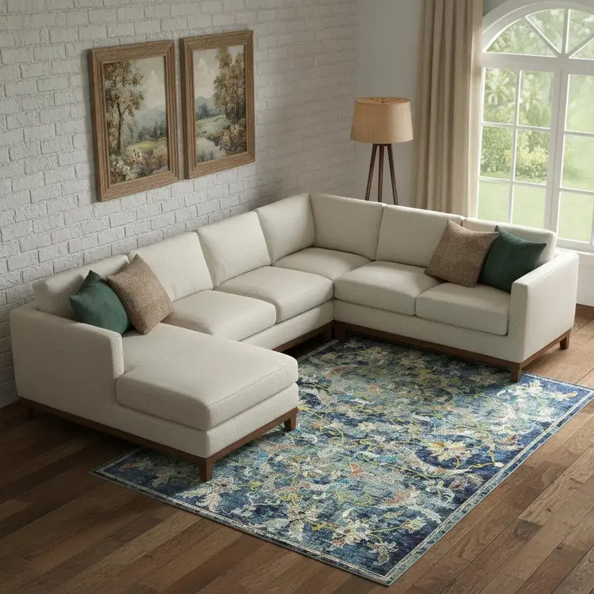 Navy Blue And Beige Floral Distressed Area Rug Photo 1