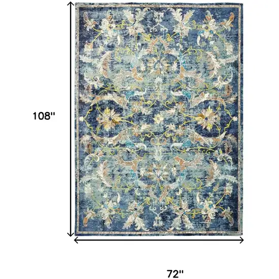 Navy Blue And Beige Floral Distressed Area Rug Photo 3