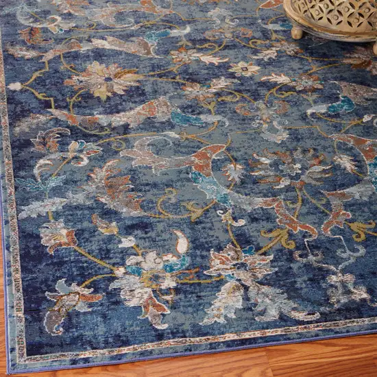Navy Blue And Beige Floral Distressed Area Rug Photo 9