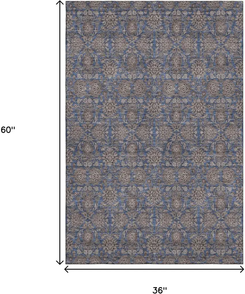 Navy Blue And Beige Floral Washable Area Rug With UV Protection Photo 3