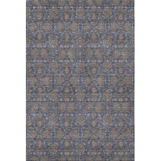 Navy Blue And Beige Floral Washable Area Rug With UV Protection Photo 3