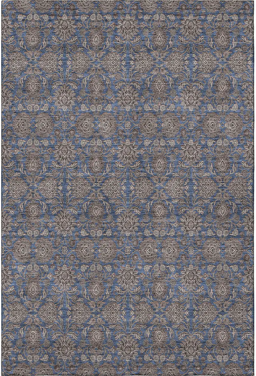 Navy Blue And Beige Floral Washable Area Rug With UV Protection Photo 3