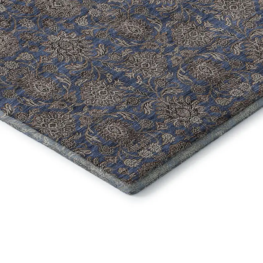 Navy Blue And Beige Floral Washable Area Rug With UV Protection Photo 7