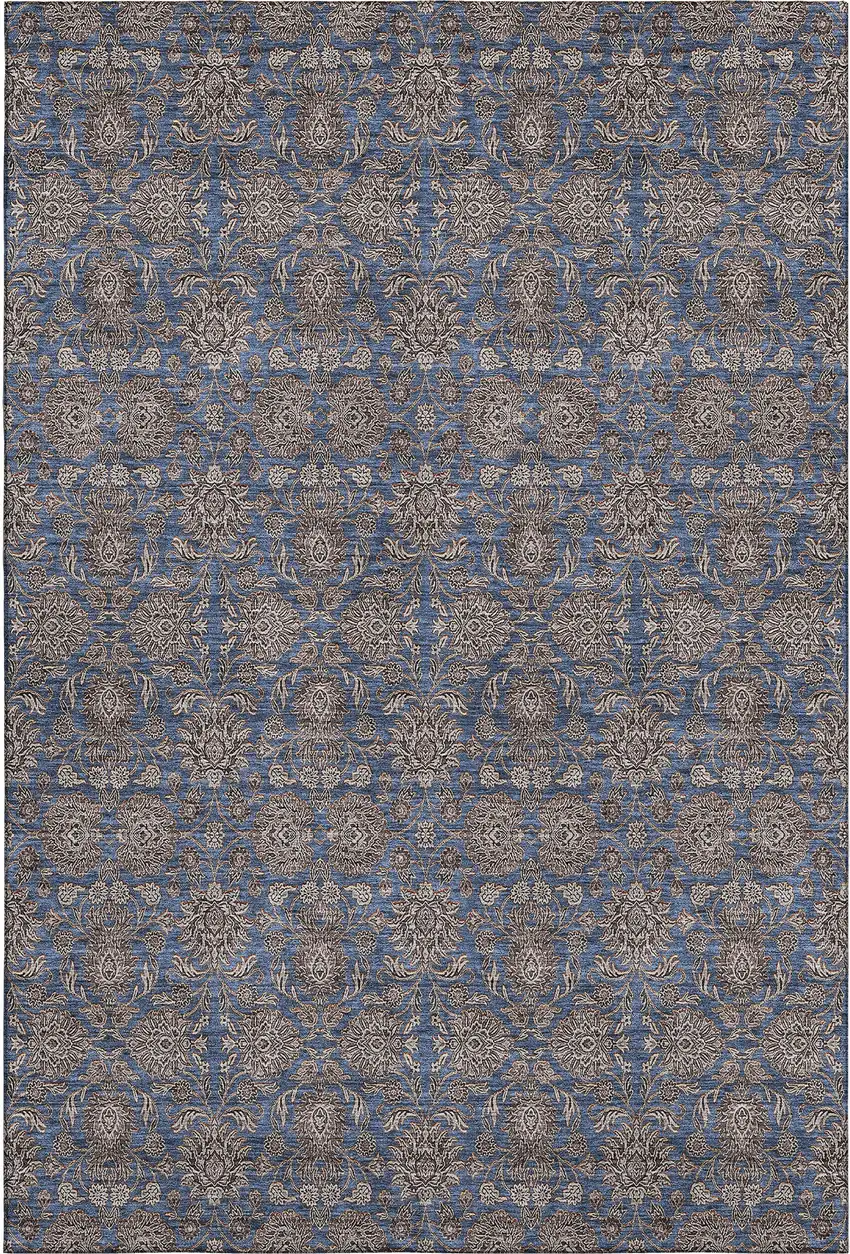 Navy Blue And Beige Floral Washable Area Rug With UV Protection Photo 1