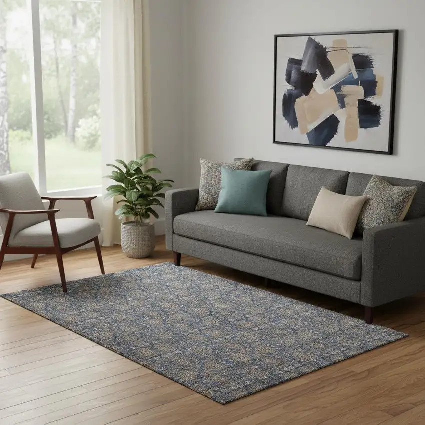 Navy Blue And Beige Floral Washable Area Rug With UV Protection Photo 1