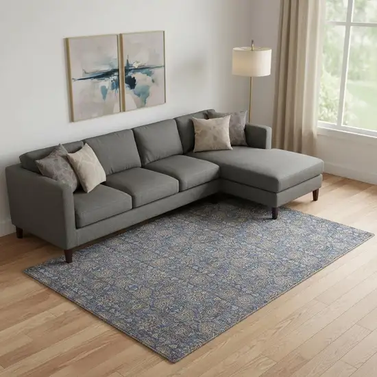 Navy Blue And Beige Floral Washable Area Rug With UV Protection Photo 1