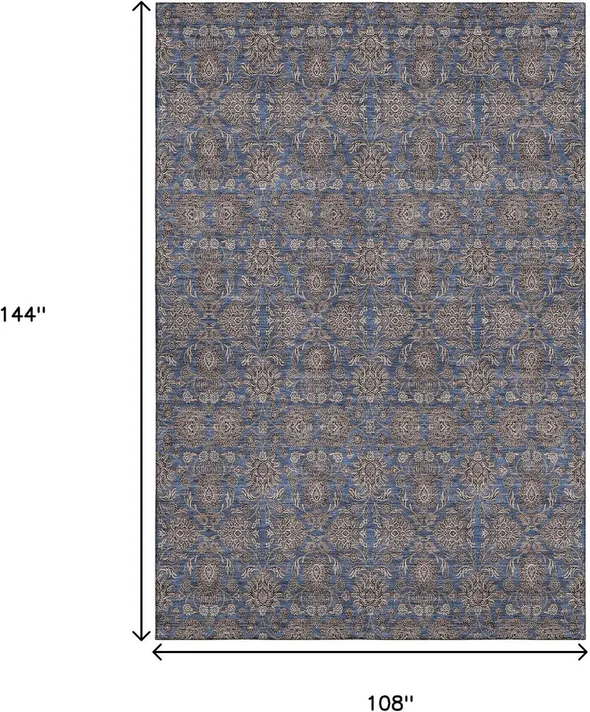 Navy Blue And Beige Floral Washable Area Rug With UV Protection Photo 3