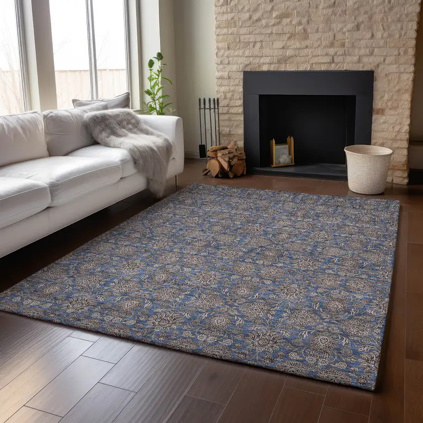 Navy Blue And Beige Floral Washable Area Rug With UV Protection Photo 5