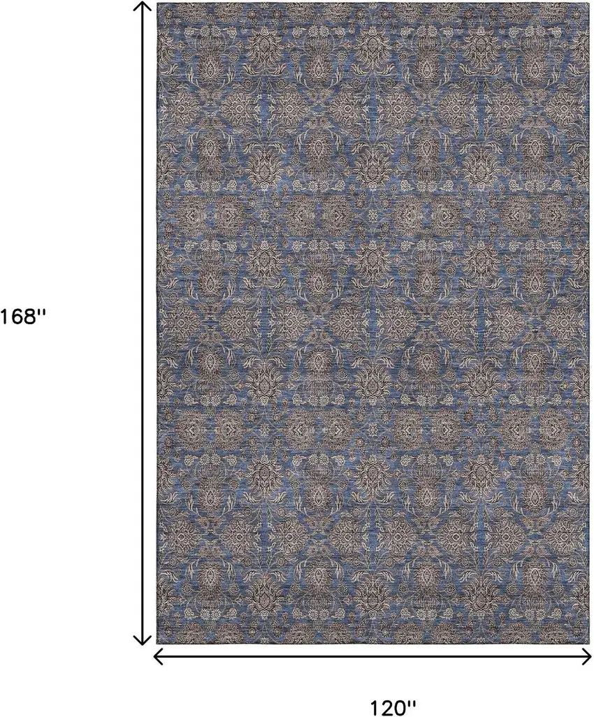Navy Blue And Beige Floral Washable Area Rug With UV Protection Photo 3