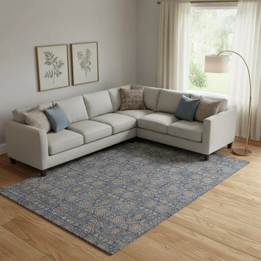 Navy Blue And Beige Floral Washable Area Rug With UV Protection Photo 1