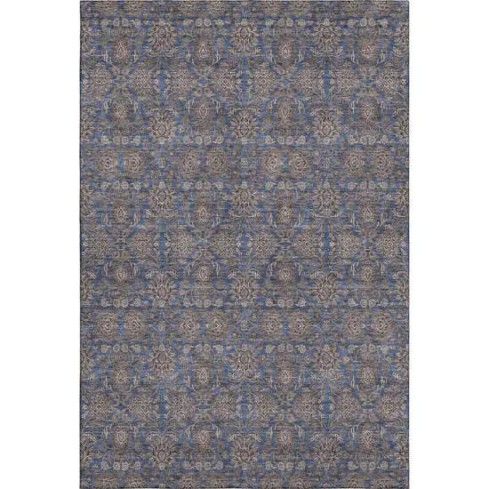 Navy Blue And Beige Floral Washable Area Rug With UV Protection Photo 1