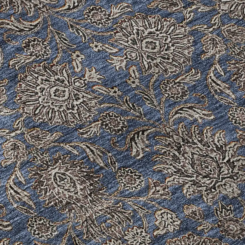 Navy Blue And Beige Floral Washable Area Rug With UV Protection Photo 9