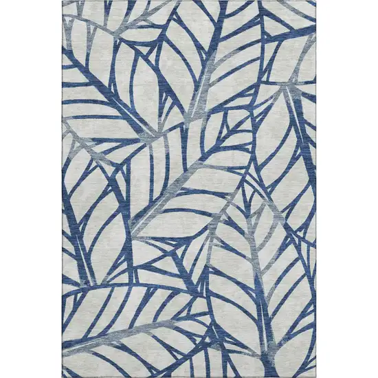 Navy Blue And Beige Floral Washable Area Rug With UV Protection Photo 1