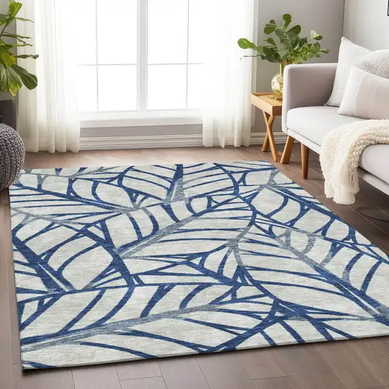 Navy Blue And Beige Floral Washable Area Rug With UV Protection Photo 6