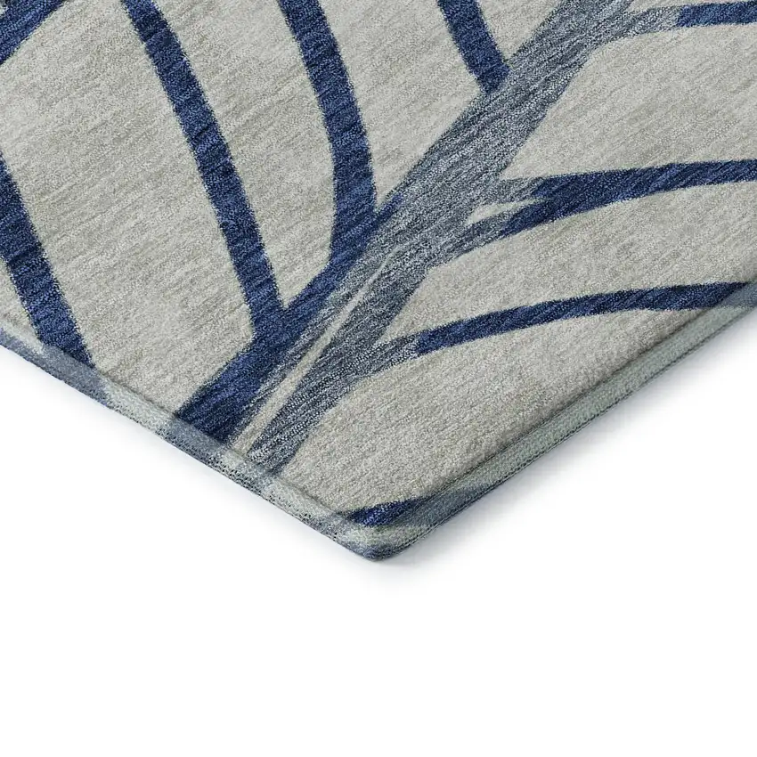 Navy Blue And Beige Floral Washable Area Rug With UV Protection Photo 8