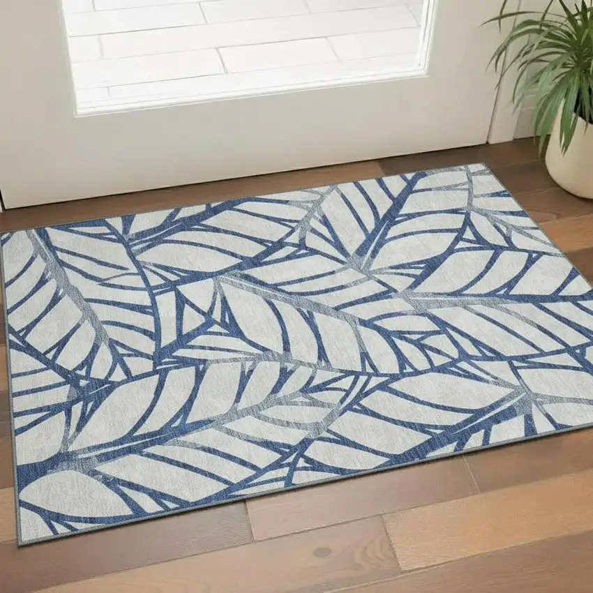 Navy Blue And Beige Floral Washable Area Rug With UV Protection Photo 1