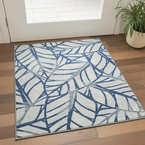 Navy Blue And Beige Floral Washable Area Rug With UV Protection Photo 2