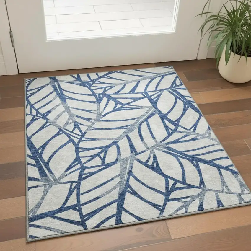 Navy Blue And Beige Floral Washable Area Rug With UV Protection Photo 2