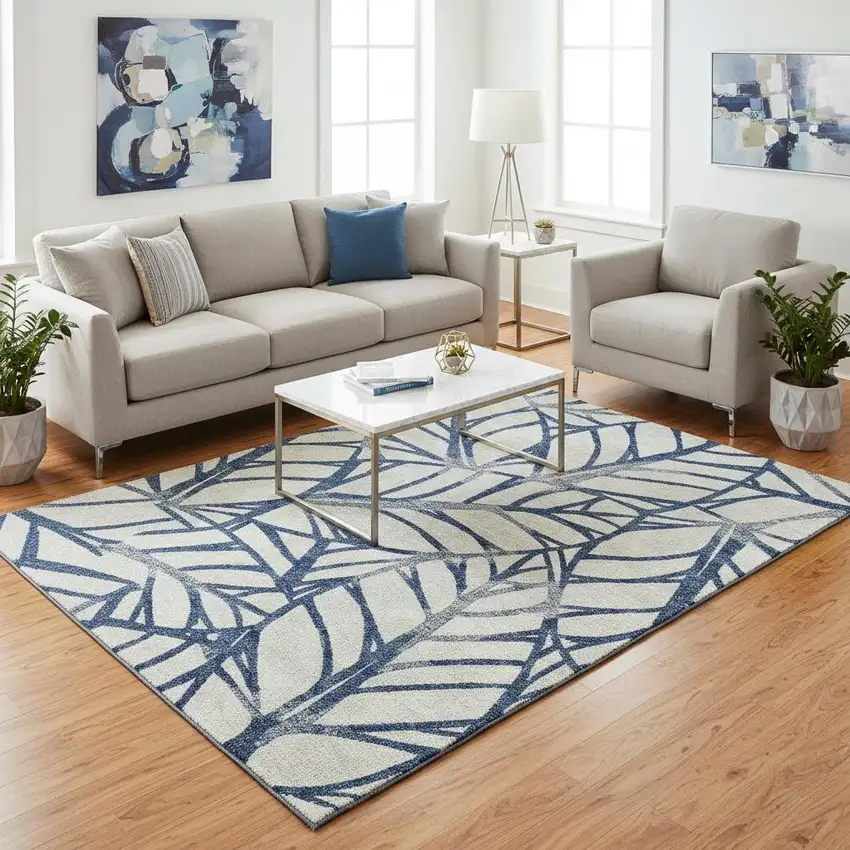 Navy Blue And Beige Floral Washable Area Rug With UV Protection Photo 2