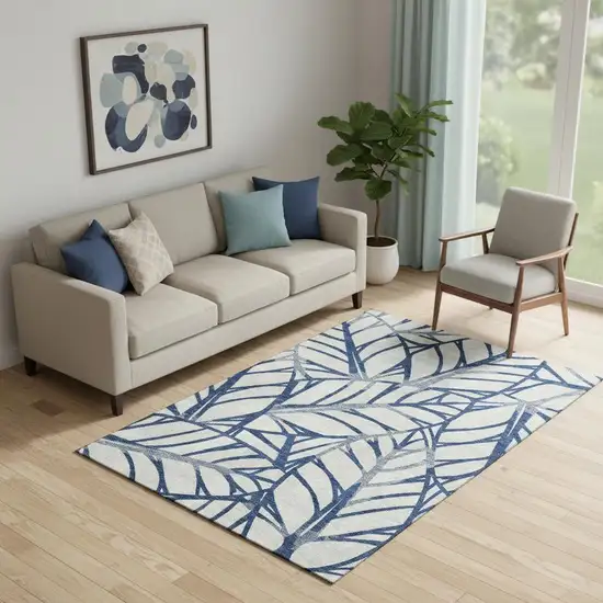 Navy Blue And Beige Floral Washable Area Rug With UV Protection Photo 1