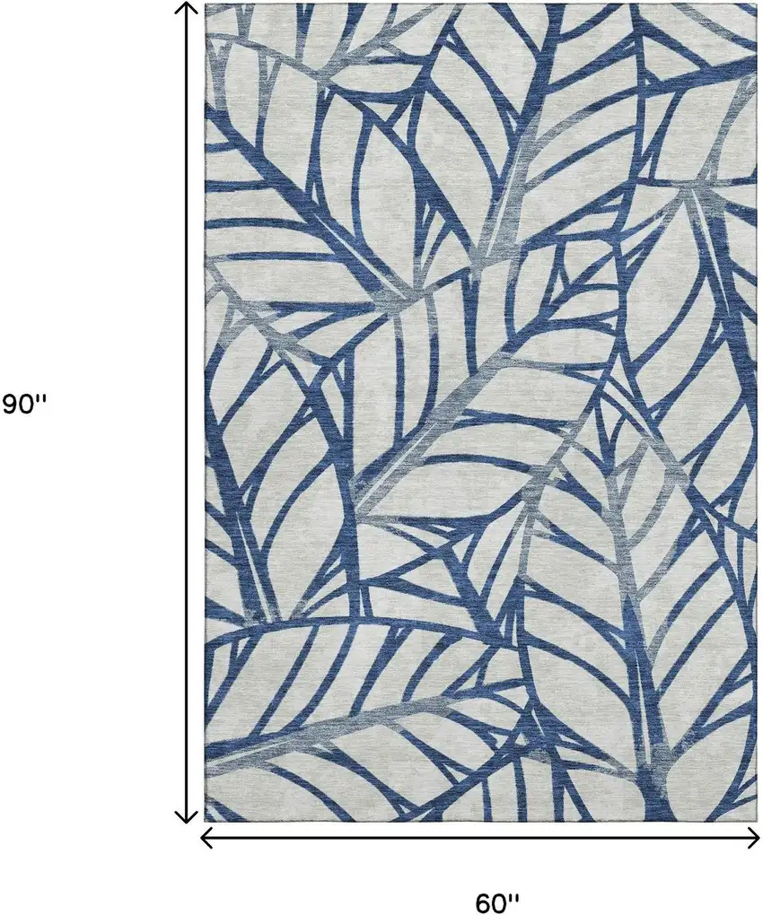 Navy Blue And Beige Floral Washable Area Rug With UV Protection Photo 3