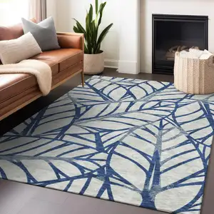 Photo of Navy Blue And Beige Floral Washable Area Rug With UV Protection