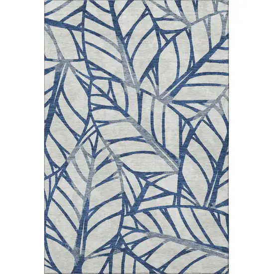 Navy Blue And Beige Floral Washable Area Rug With UV Protection Photo 3