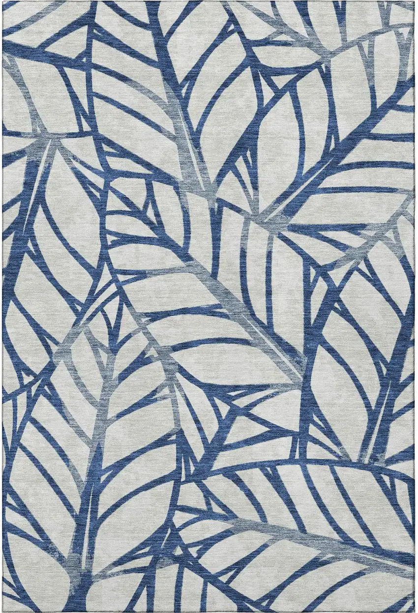 Navy Blue And Beige Floral Washable Area Rug With UV Protection Photo 3