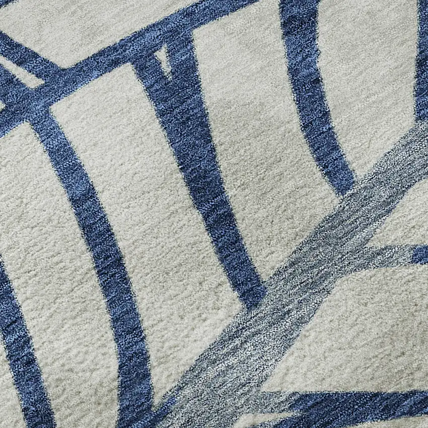 Navy Blue And Beige Floral Washable Area Rug With UV Protection Photo 9