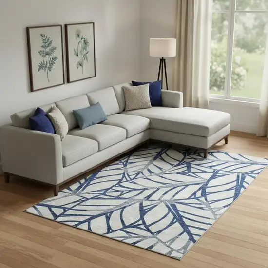 Navy Blue And Beige Floral Washable Area Rug With UV Protection Photo 1