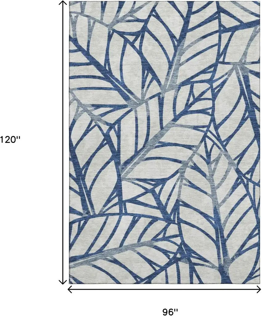 Navy Blue And Beige Floral Washable Area Rug With UV Protection Photo 3