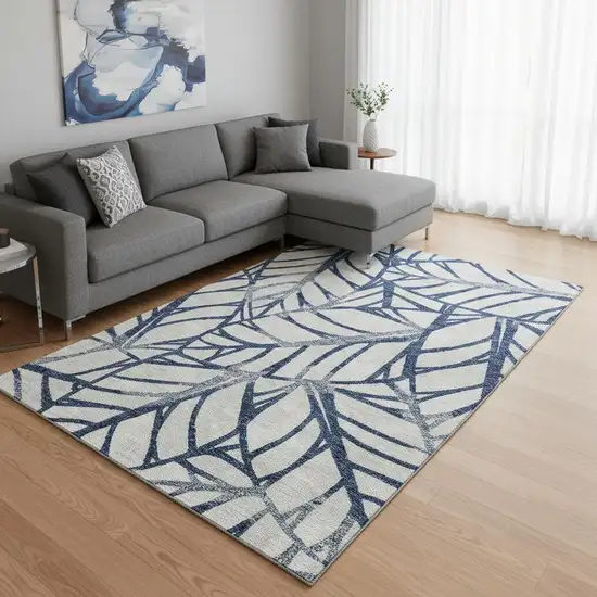 Navy Blue And Beige Floral Washable Area Rug With UV Protection Photo 2