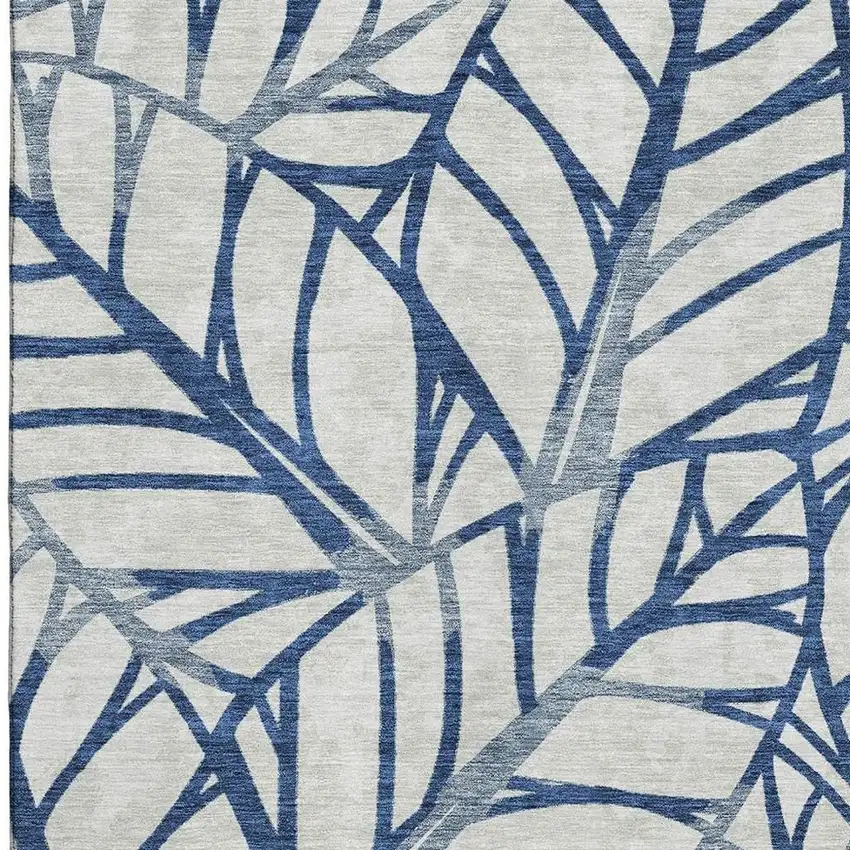 Navy Blue And Beige Floral Washable Area Rug With UV Protection Photo 3