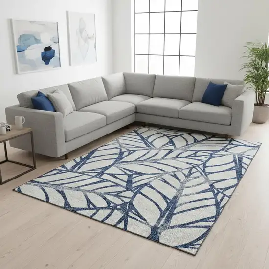 Navy Blue And Beige Floral Washable Area Rug With UV Protection Photo 2