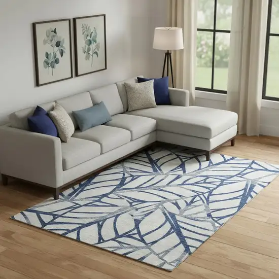 Navy Blue And Beige Floral Washable Area Rug With UV Protection Photo 1