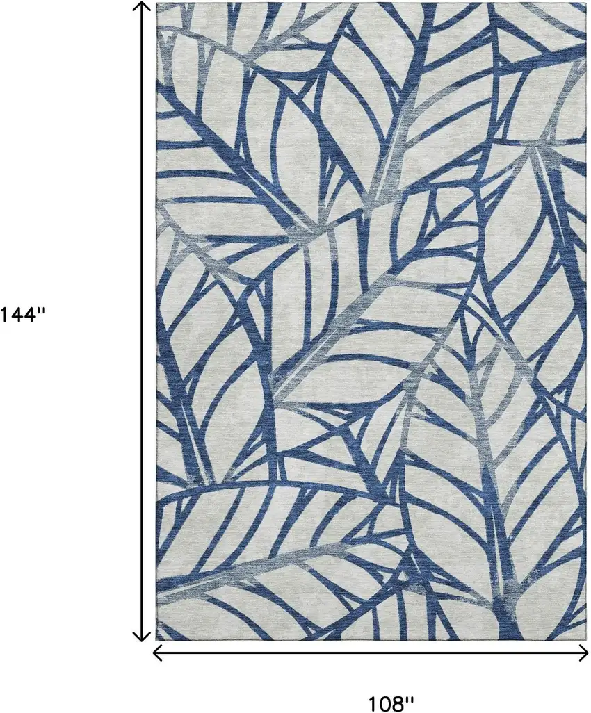 Navy Blue And Beige Floral Washable Area Rug With UV Protection Photo 3