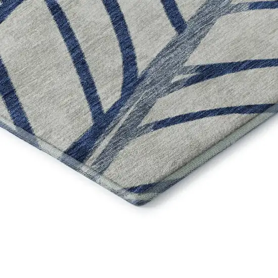 Navy Blue And Beige Floral Washable Area Rug With UV Protection Photo 8