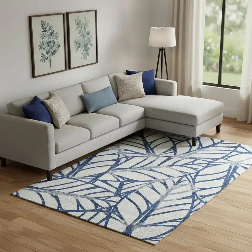 Navy Blue And Beige Floral Washable Area Rug With UV Protection Photo 1