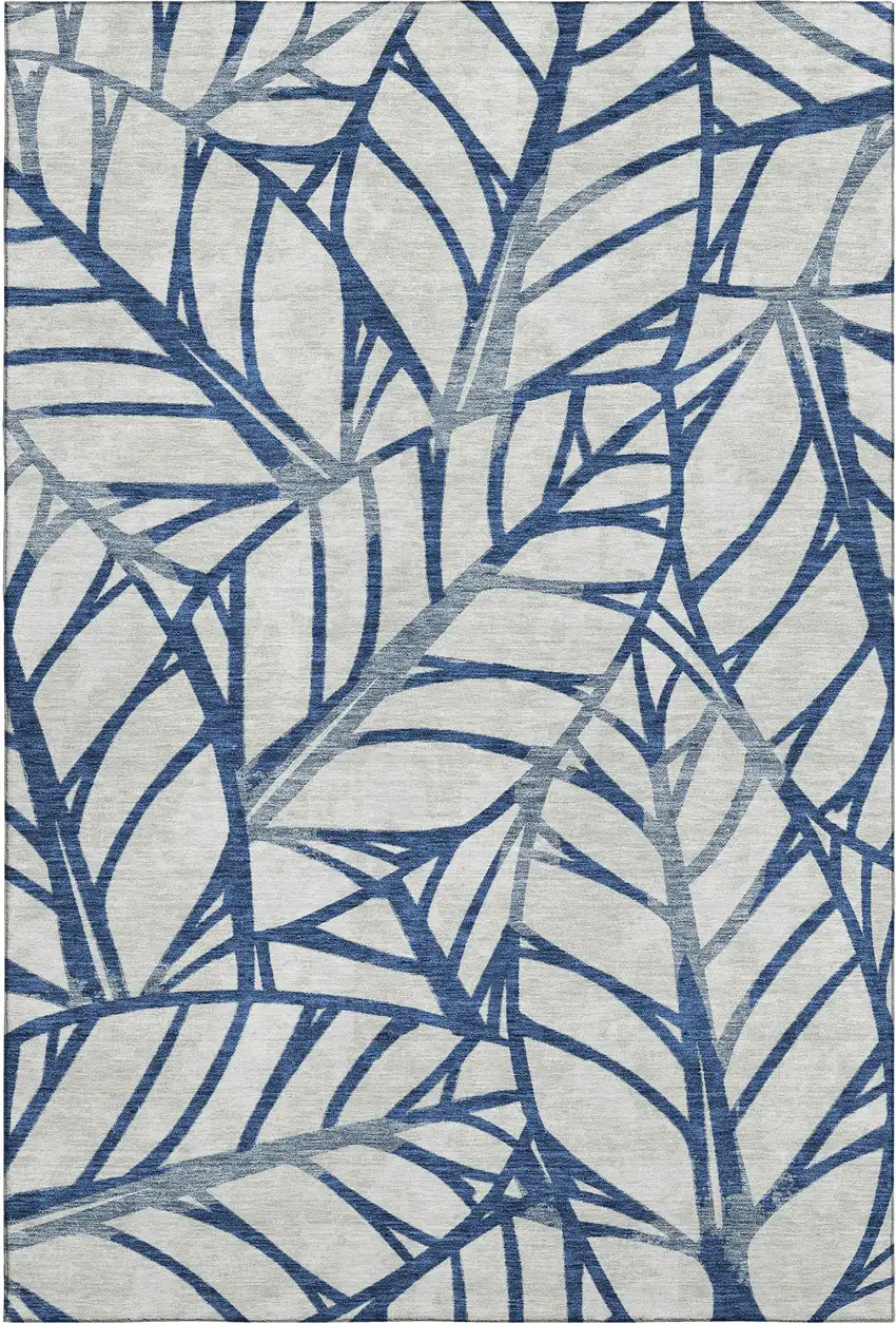 Navy Blue And Beige Floral Washable Area Rug With UV Protection Photo 1