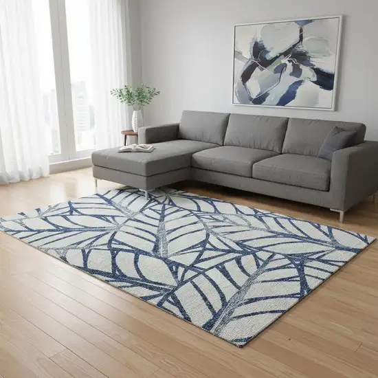 Navy Blue And Beige Floral Washable Area Rug With UV Protection Photo 2