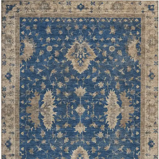 Navy Blue And Beige Floral Washable Indoor Outdoor Area Rug Photo 9