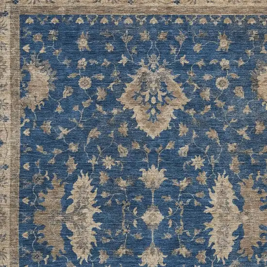 Navy Blue And Beige Floral Washable Indoor Outdoor Area Rug Photo 4