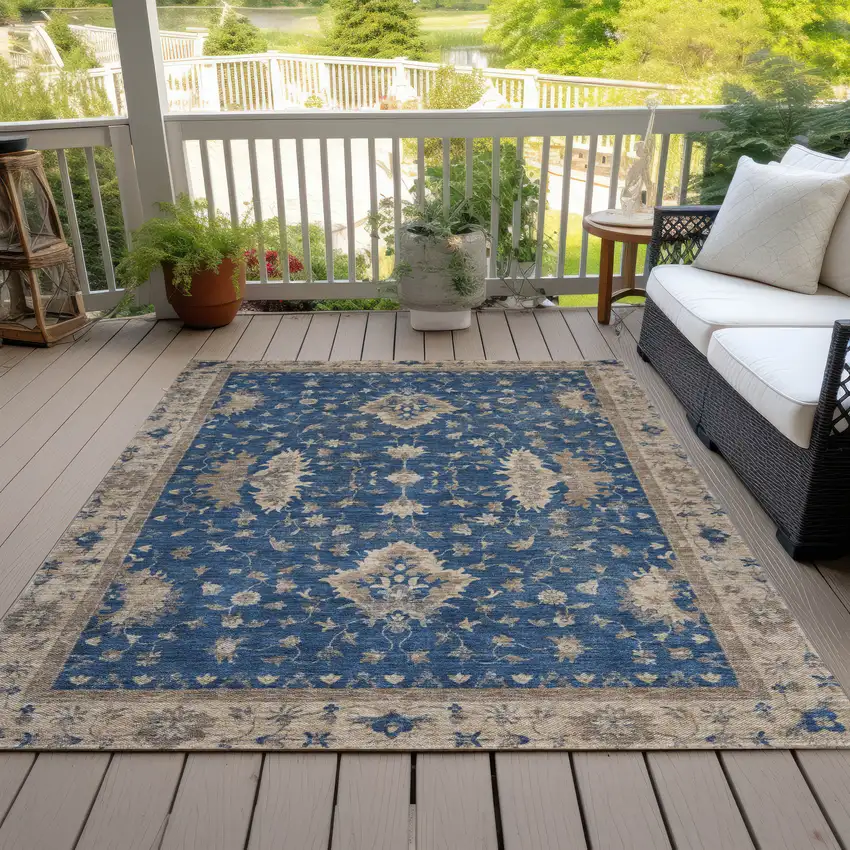 Navy Blue And Beige Floral Washable Indoor Outdoor Area Rug Photo 8