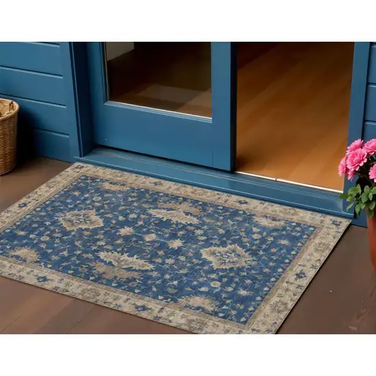 Navy Blue And Beige Floral Washable Indoor Outdoor Area Rug Photo 2