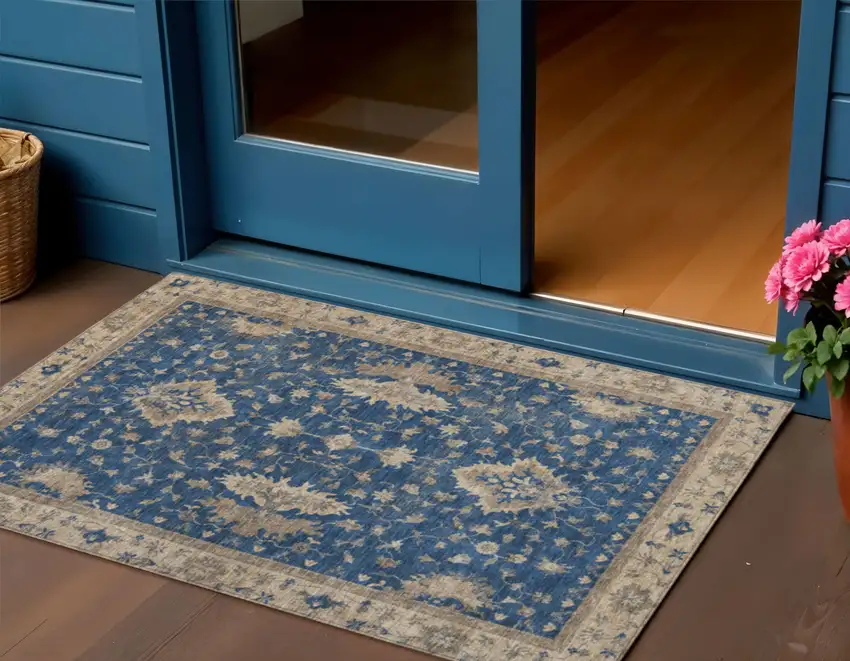 Navy Blue And Beige Floral Washable Indoor Outdoor Area Rug Photo 2