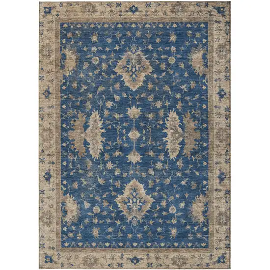 Navy Blue And Beige Floral Washable Indoor Outdoor Area Rug Photo 3